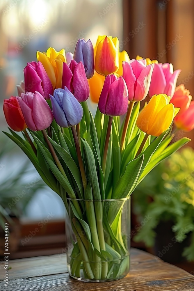 Poster a glass vase sits on a table, overflowing with vibrant tulips in various shades, creating a colorful