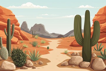 Desert Pathways: Minimalist Landscape with Sandy Trails, Cacti, and Rock Structures