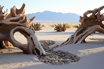 Minimalist Desert Landscape Designs: Sustainable Solutions with Undulating Landforms and Driftwood Accents