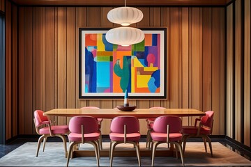 Vibrant Hues Modern Abstract Touch in Dining Room with Wood Paneling Arch