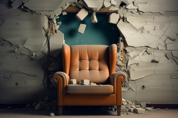 An old chair in an abandoned apartment with a crumbling wall, pieces of plaster, a hole in the wall and dust everywhere