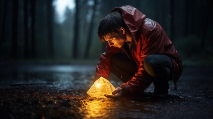 A man examines a glowing large crystal on a forest path at dusk