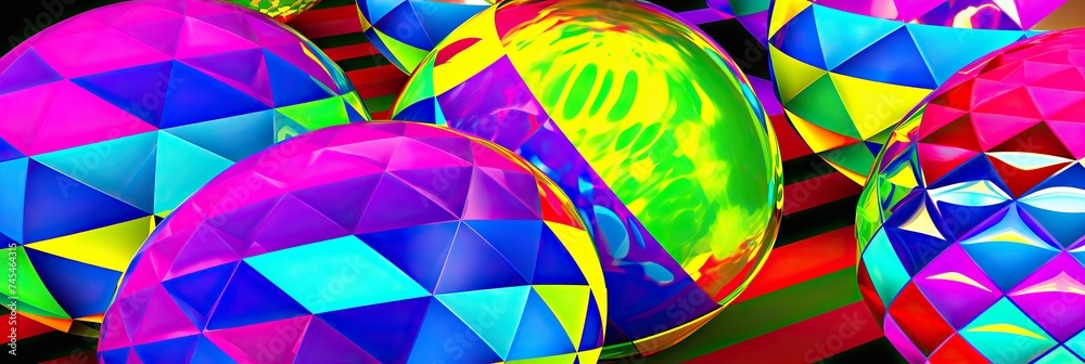 Poster A vibrant group of eggs in assorted colors are beautifully arranged on a table, creating a playful and colorful display