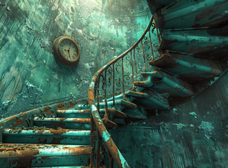 Spiral staircase, dramatic abstract background, surreal