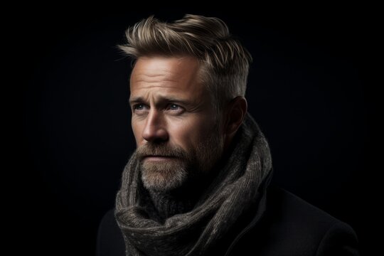 Portrait of a handsome bearded man in a black coat and scarf.