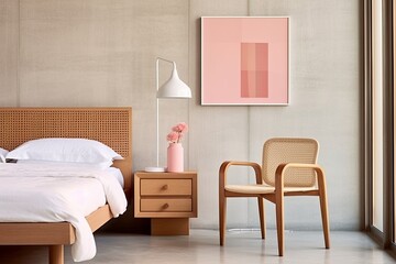 Solid Wood Modernist Bauhaus Bedroom with Pastel Walls & Rattan Chair