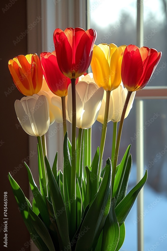 Aufkleber a colorful vase filled with an array of flowers sits gracefully next to a sunlit window, casting a w