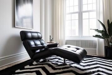 Monochrome Bathroom Interior: Black Leather Lounge Chair & White Rug Design