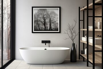 Fototapeta na wymiar Monochrome Bathroom Designs: Minimalist Wall Art with Black Frame Elegance