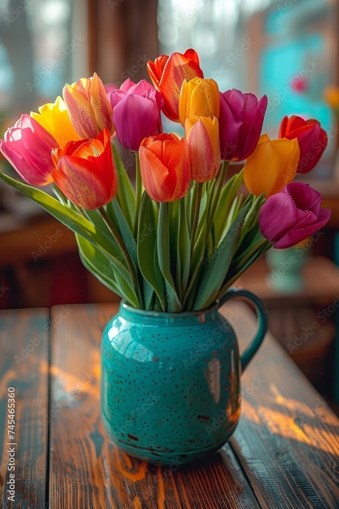Poster a bountiful assortment of colorful flowers fills a vase sitting on a rustic wooden table, creating a