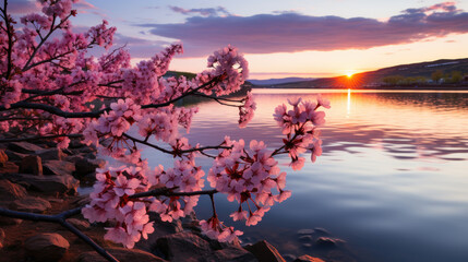 A stunning sunset casting a warm glow over a tranquil lake, framed by delicate pink sakura  flowers in full bloom, creating a picturesque scene of natural beauty and serenity - obrazy, fototapety, plakaty