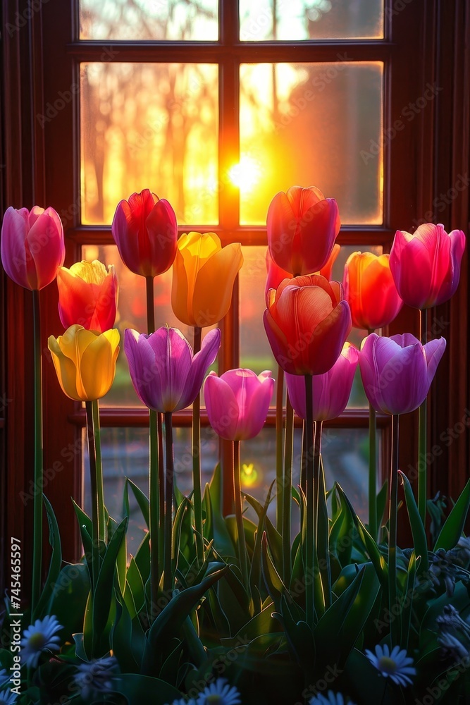 Aufkleber a vibrant display of colorful tulips in full bloom, elegantly positioned in front of a sunlit window