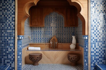 Minimalist Elegance: Moroccan Tile Bathroom Inspirations Featuring Solid Wood Benches