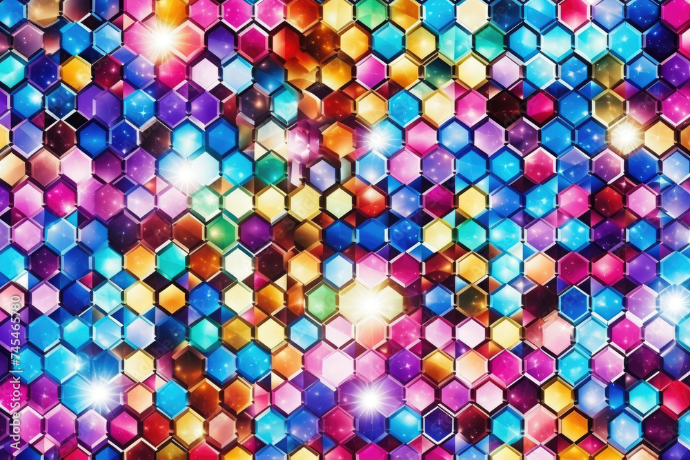 Poster Multicolored hexagonal shapes overlapping in a dynamic and abstract pattern, creating a visually striking and modern background