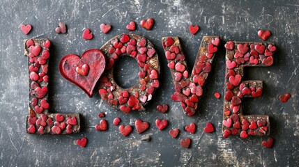 The word love spelled out of vibrant red hearts, forming a captivating and romantic display of affection and warmth