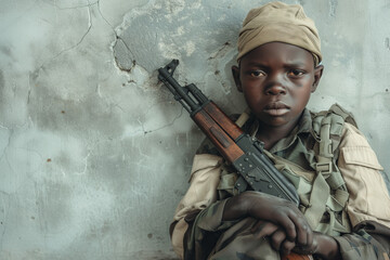 Child soldier of Africa, copy space portrait of an African child with a rifle, portrait of third...