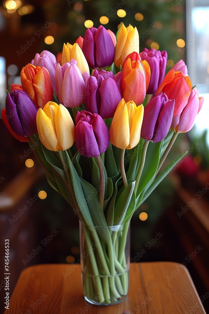 Aufkleber a beautiful glass vase adorning a table, overflowing with an array of vibrant tulips in assorted col