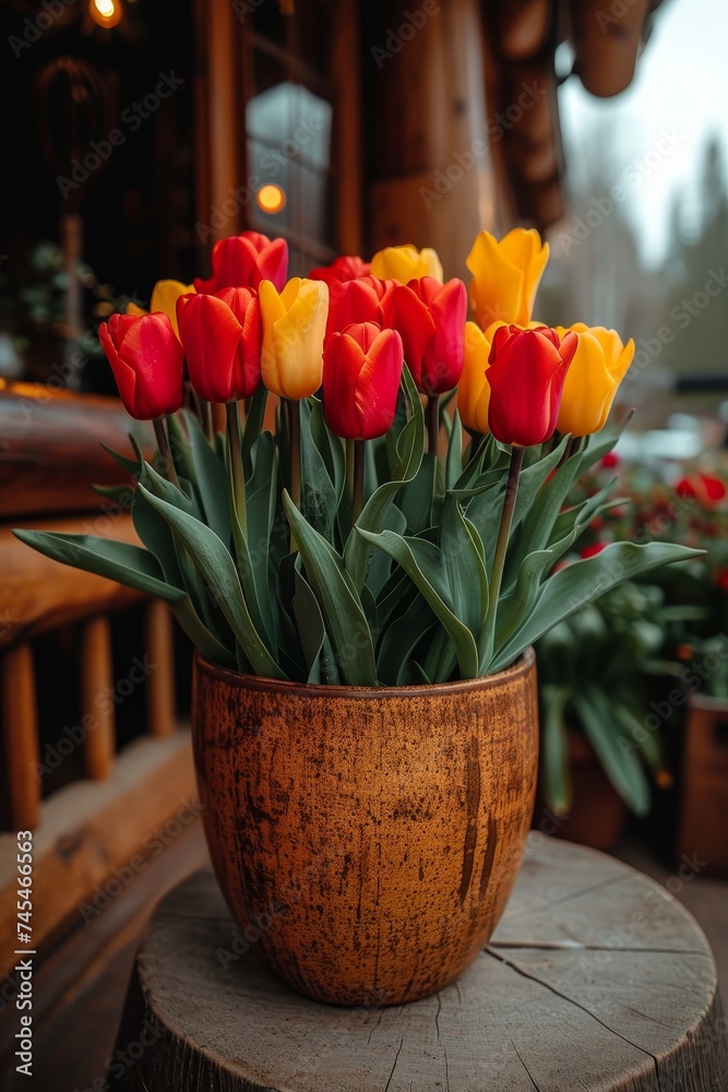 Poster a ceramic vase overflows with a vibrant arrangement of red and yellow flowers, creating a stunning d