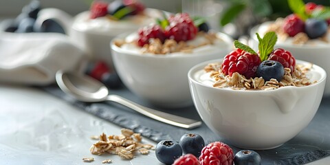 delicious homemade yogurt with granola and berries on table