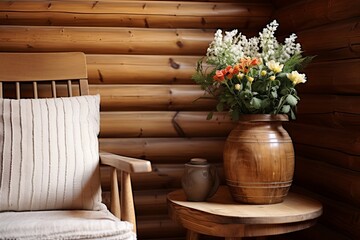 Fototapeta na wymiar Rustic Cabin Kids Room Ideas: Flower Vase on Wooden Side Table - Classic Decor Vision