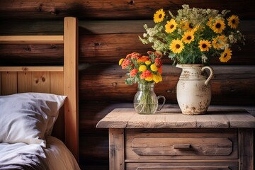 Fototapeta na wymiar Rustic Cabin Kids Room Ideas: Flower Vase on Wooden Side Table - Classic Decor