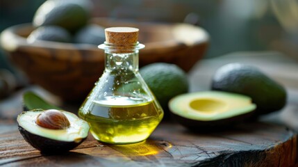 Avocado oil and glass bottle background