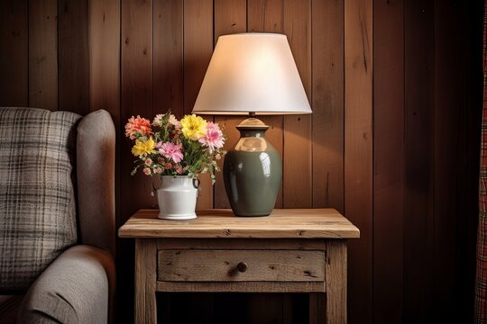 Classic Rustic Cabin Kids Room Decor with Flower Vase on Wooden Side Table