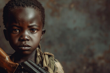 Child soldier of Africa, portrait with copy space of a sad African child with a rifle, poverty and sadness of the third world