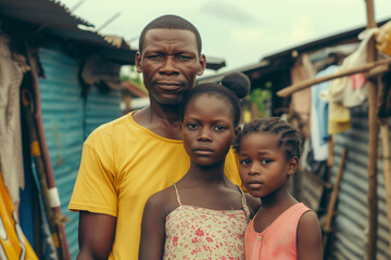 Poor African family, father with his two daughters living in third world second hand shantytowns and poverty - obrazy, fototapety, plakaty