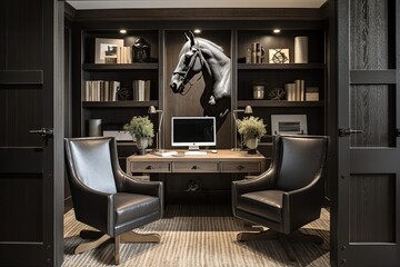 Saddle-Inspired Seating in Equestrian Home Office Decor with Barn Door Elements