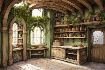 Fototapeta na wymiar Distressed Green Cabinets & Grapevine Lattices: Rustic Tuscan Kitchen with Stone Basins