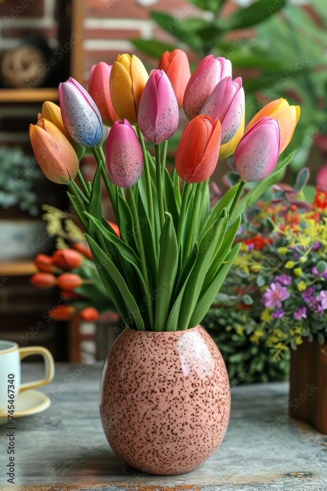 Poster a vibrant vase sitting on a table, overflowing with a stunning array of colorful flowers in full blo