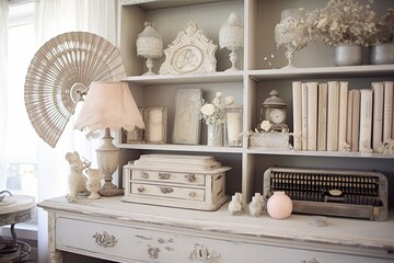 Vintage Metal Fan, Distressed Bookshelf, and Lace Desk Accessories: Shabby Chic Office Inspirations