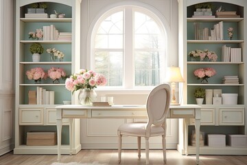 Pastel Bookshelves and Floral Splendor: Shabby Chic Office Inspirations