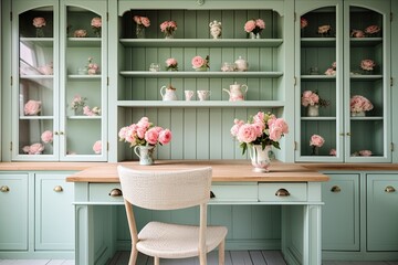Mint Green Cabinets and Floral Prints: Shabby Chic Office Inspiration with Wooden Tabletop
