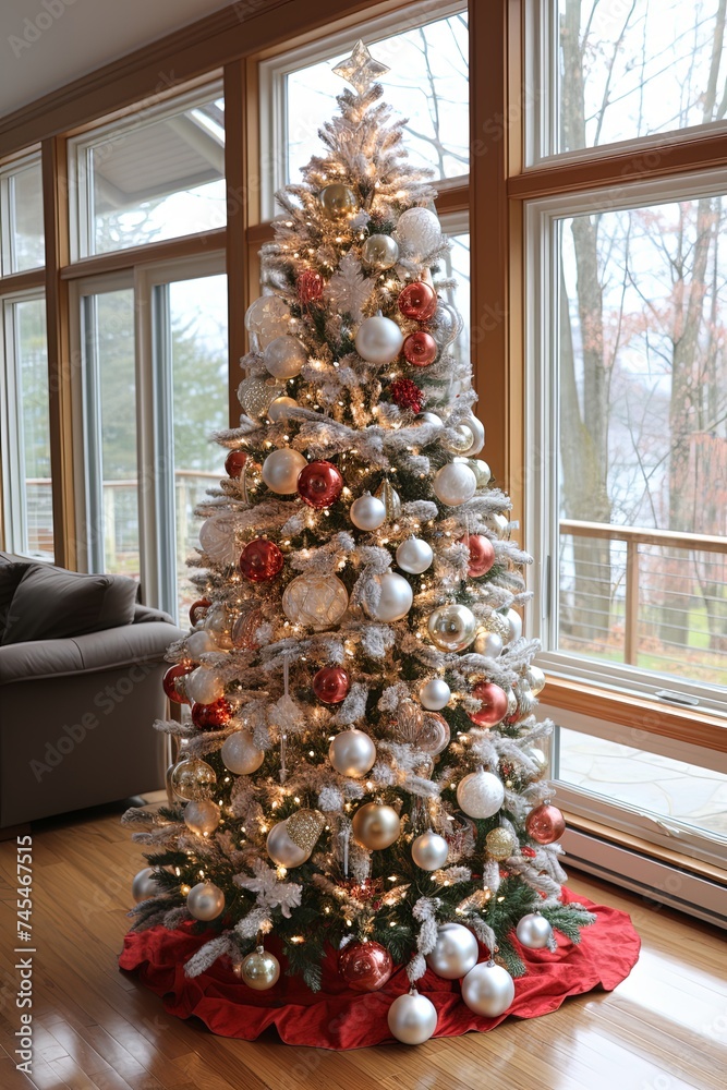 Poster A majestic Christmas tree, adorned with twinkling lights and colorful ornaments, stands tall in a cozy living room, spreading holiday cheer