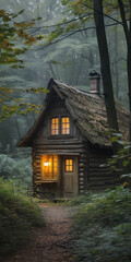 Fototapeta na wymiar Quaint log cabin with glowing windows in a lush green forest, shrouded in morning mist.