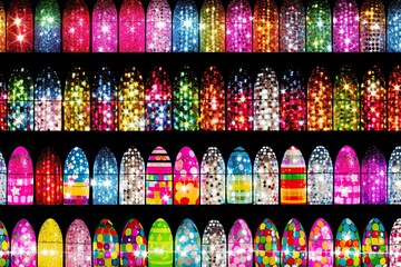 A vibrant display case showcasing a variety of colorful windows, creating a mesmerizing visual spectacle