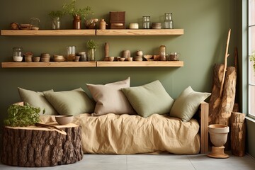 Sustainable Living Eco-Kitchen and Lounge: Organic Fabrics, Wood Stump, Eco-Friendly Wall Paint