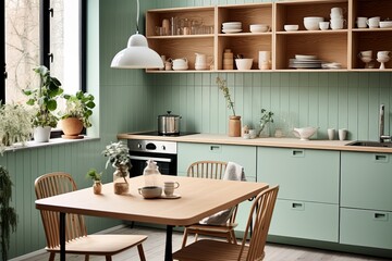 Sustainable Eco-Kitchen Ideas: Mint Green Cabinets, Wooden Dining, Scandinavian Touch