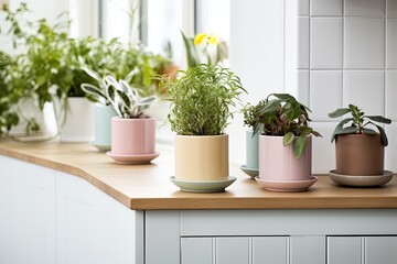 Fototapeta na wymiar Sustainable Living Eco-Kitchen Ideas: Pastel Pots and Nordic design with Plant-Based Cleaning Tips