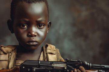 Child soldier of Africa, portrait with copy space of a sad African child with a rifle, sadness and hunger of third world poverty - obrazy, fototapety, plakaty