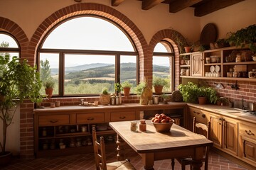 Fototapeta na wymiar Tuscan Wine Country Kitchen: Terracotta Tiles & Countryside Views