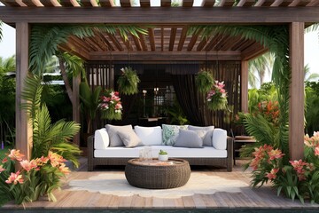 Tropical Resort Patio Paradise: Lush Greenery, Vibrant Florals, and Wooden Pergolas Inspiration