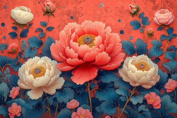 Vibrant flowers peony bloom gracefully against a striking red wall in a mesmerizing painting