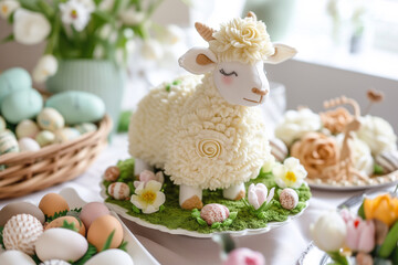 Traditional easter sweet lamb cake with whipped cream. Easter table with easter cake. Lammkuchen cake