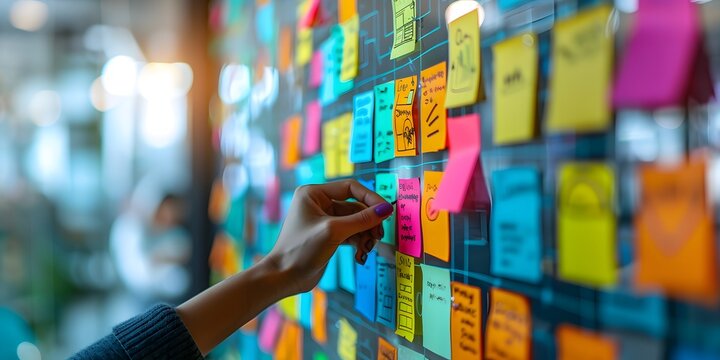 software developer or scrum master is updating kanban board