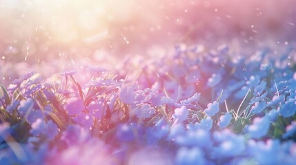 flowers with sunlight rays. Spring background. Copy space. Soft focus, generative ai