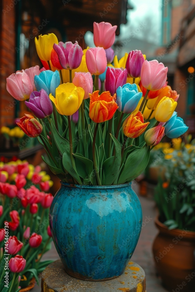 Poster a blue vase overflows with a bountiful display of vibrant and diverse flowers, creating a mesmerizin