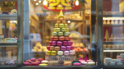 A display case filled with an assortment of vibrant and delicious macaroons in a variety of colors...